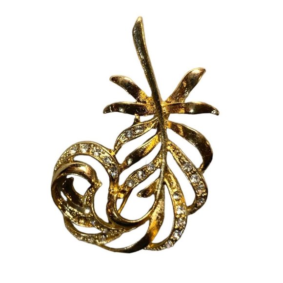Vintage Goldtone Feather Brooch Rhinestones 2" Pin - Picture 6 of 6